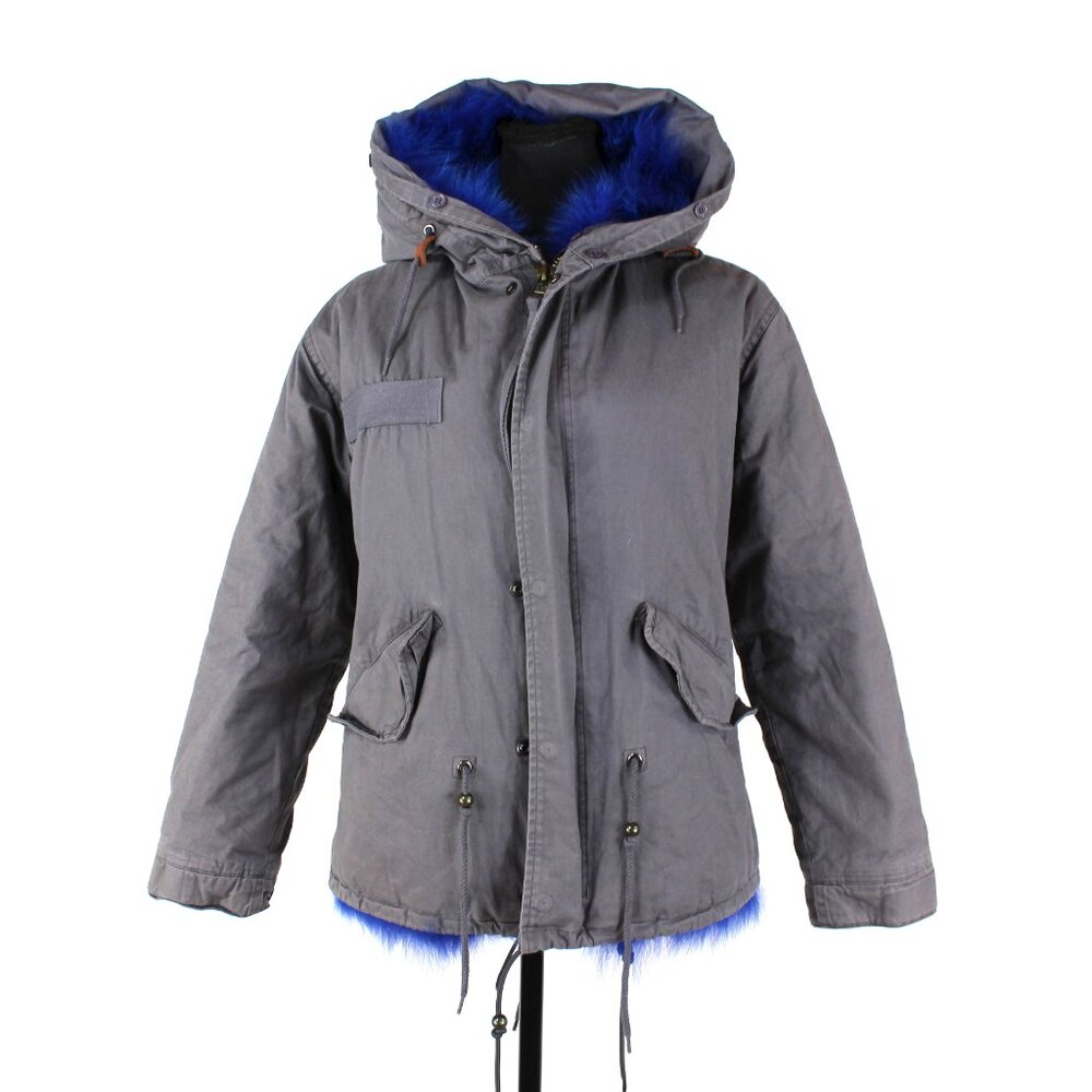 Mei FNG Grey Cotton Blue Alpaca Wool Fur Lined Hooded Utility Coat Small Jacket